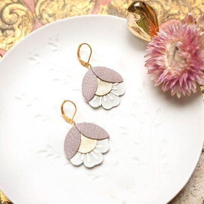 Cherry blossom earrings - gray-pink, gold and white leather