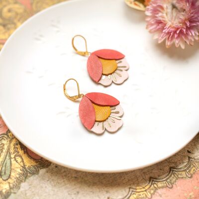 Boucles d'oreilles Fleur de Cerisier - cuir rouge, ocre, rose