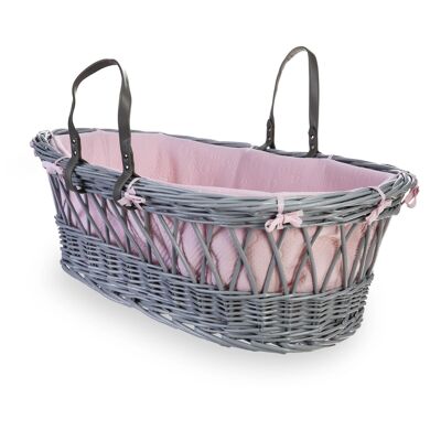 Baby Love Grey Wicker Moses Basket - Pink