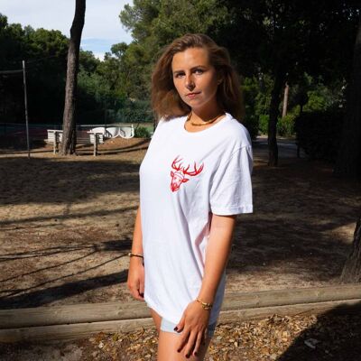 T-Shirt Blanc - Cerf Brodé Rouge