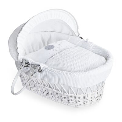 Over The Moon White Wicker Moses Basket - Grey