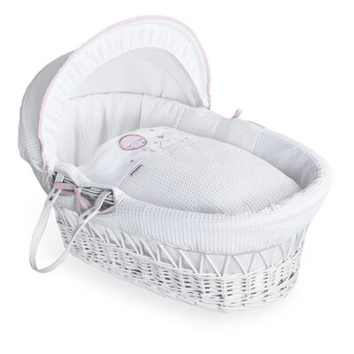 Over The Moon White Wicker Moses Basket - Pink