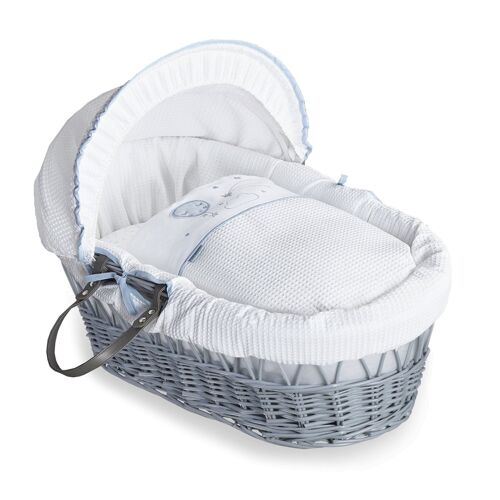 Over The Moon Grey Wicker Moses Basket - Blue