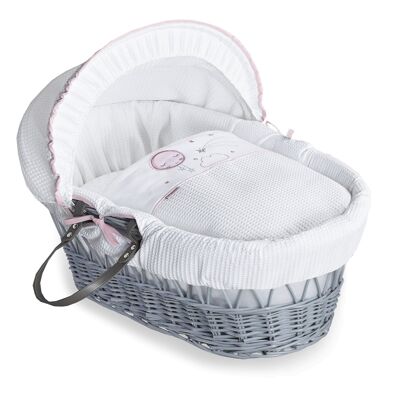 Over The Moon Grey Wicker Moses Basket - Pink