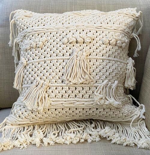 Natural Cotton Macramé Cushion Cover Tassels Fringe Bohemian 45cm