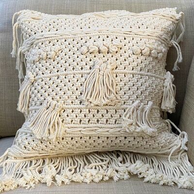 Housse de Coussin Macramé Coton Naturel Pompons Frange Bohème 45cm