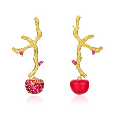 Red Cherry Earrings Cold Enamel and Lab Created Red Corundum