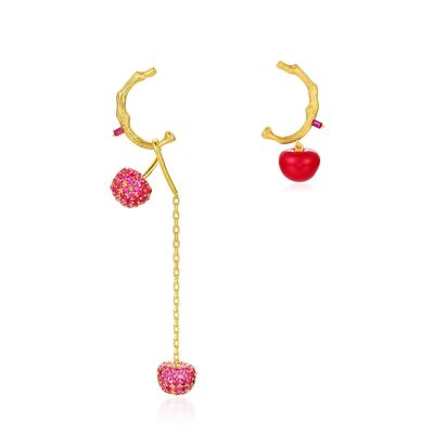 Red Cherry Asymmetry Earrings Cold Enamel and Lab Created Red Corundum