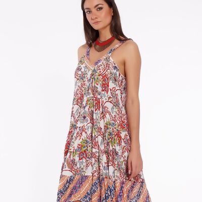 Short Summer Dress For Women In Soft Cotton With Colorful Floral Pattern - Pune