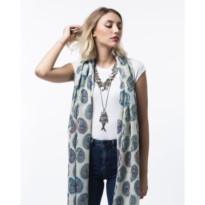 Wool Embroidered Scarf with Blue Paisley print