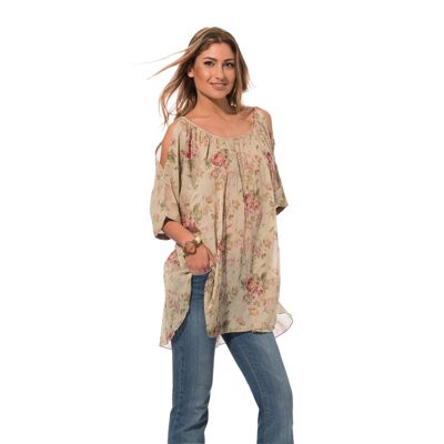Elegant Summer Top With Wide Collar Half Sleeves In Cotton With Floral Print