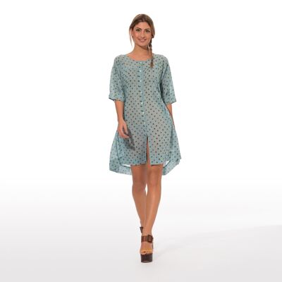 Dress With Green Pois Print On Light Blue Base