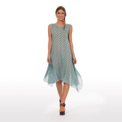 Long Dress With Green Pois Print On Light Blue Base