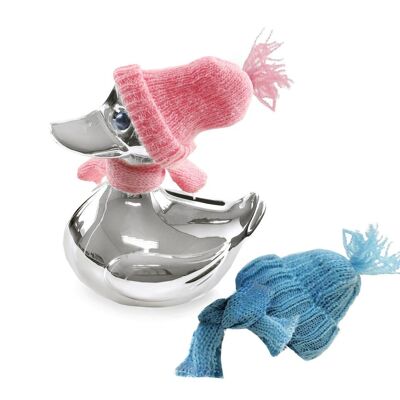 Duck money box, silver-plated, tarnish-proof, height 13 cm, with scarf & hat in pink and light blue
