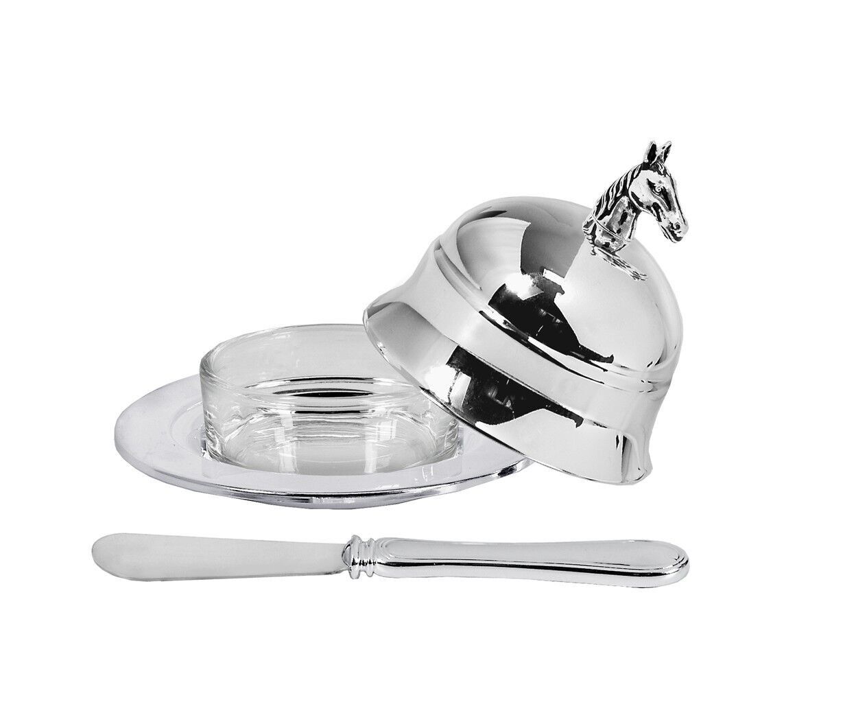 Butterdose Butterglocke Pferd, edel versilbert, ø 11 cm, mit passendem Buttermesser Länge 18 cm