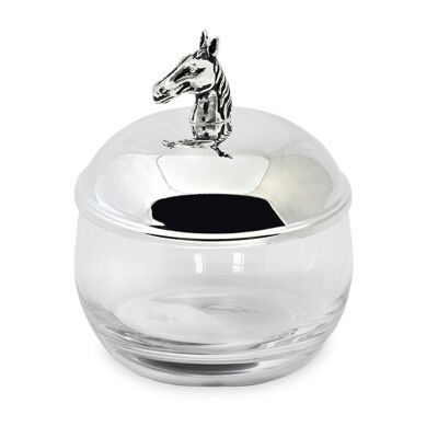 Glass jar jam jar horse, lid silver-plated, tarnish-resistant, height 12 cm