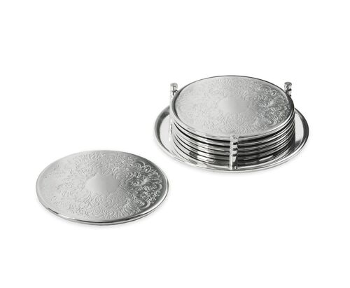 Set of 6 coasters Bruges with holder, fine silver-plated, tarnish-resistant, diameter 9 cm