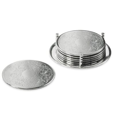 Set di 6 sottobicchieri Bruges con supporto, placcato argento fine, resistente all'appannamento, diametro 9 cm