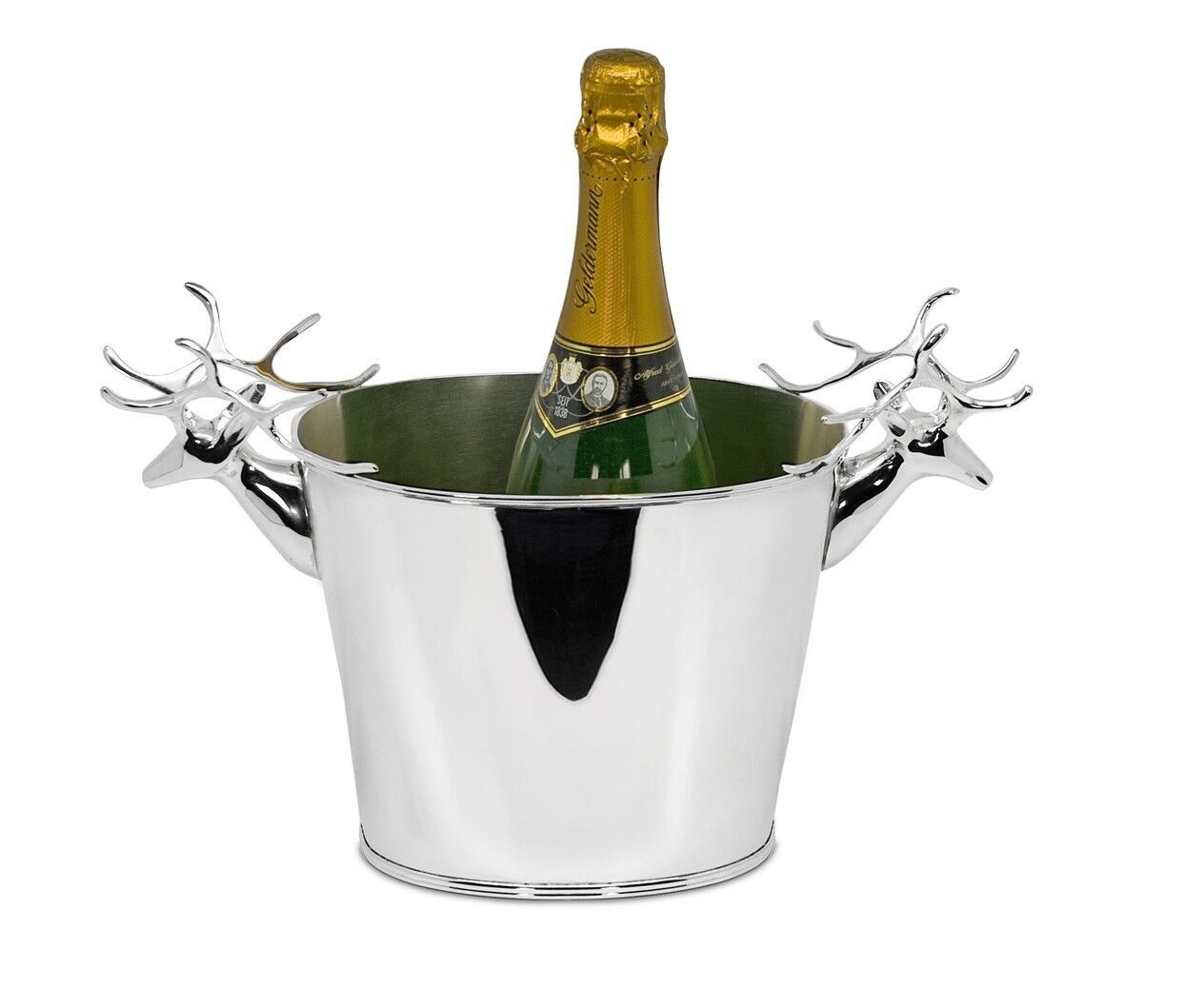 Flaschenkühler mit Elchkopf-Griffen, für 2 Flaschen, schwerversilbert, Höhe 20 cm, Durchmesser 20 cm