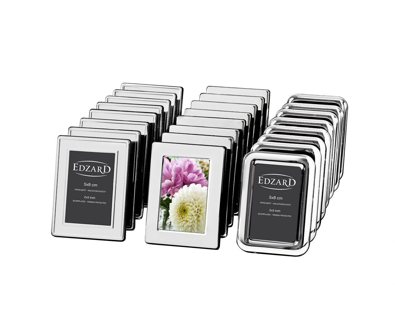 Display mit 24 Bilderrahmen für Fotos 5 x 8 cm, edel versilbert, anlaufgeschützt