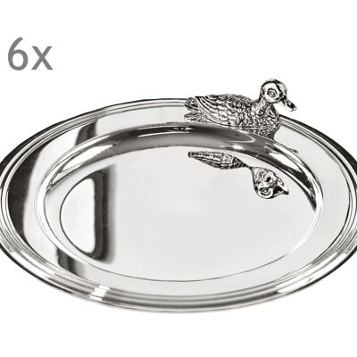 Set of 6 coasters, bottle coasters, duck, silver-plated, diameter 11 cm