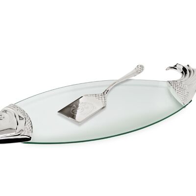 Fish platter Azores with lifter, glass, silver-plated handles, tarnish-resistant, 62 x 20 cm