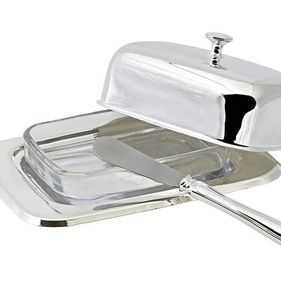Beurrier Mista 13x18 cm, H 8 cm, insert en verre, argenté, avec couteau à beurre