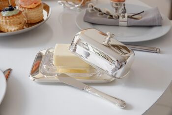 Beurrier Mista 13x18 cm, H 8 cm, insert en verre, argenté, avec couteau à beurre 6