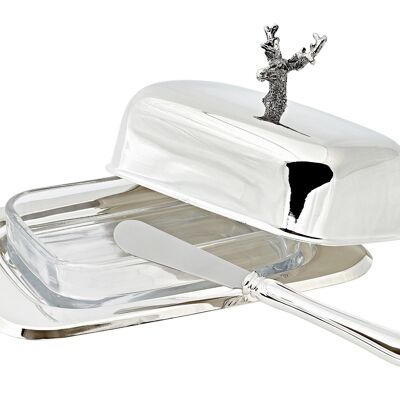 Butter dish deer 13x18 cm, H 8 cm, glass insert, silver-plated, with butter knife