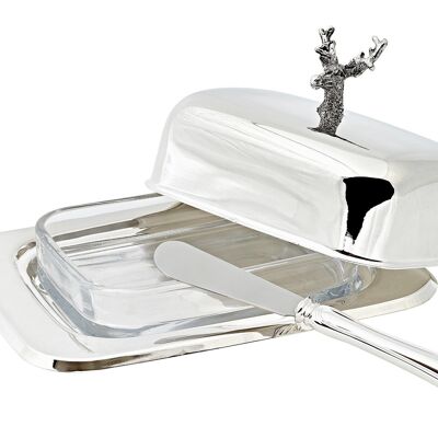 Beurrier cerf 13x18 cm, H 8 cm, insert en verre, argenté, avec couteau à beurre