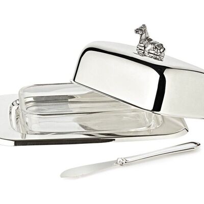 Butter dish cow 13x18 cm, H 8 cm, glass insert, silver-plated, with butter knife