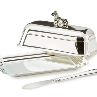 Butter dish cow with glass plate, silver-plated, 8 x 13 cm, with matching butter knife