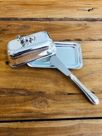 Beurrier vache avec assiette en verre, argenté, 8 x 13 cm, avec couteau à beurre assorti 3