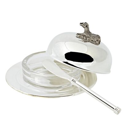 Cordero campana de mantequilla, 14 cm de diámetro, plateado, incluido un cuchillo de mantequilla a juego de 18 cm de largo