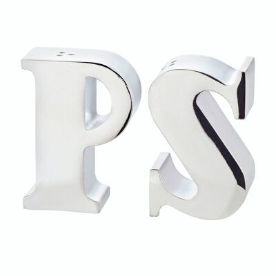 Salière-poivrière Favre, lettres P & S, métal argenté, hauteur 7 cm