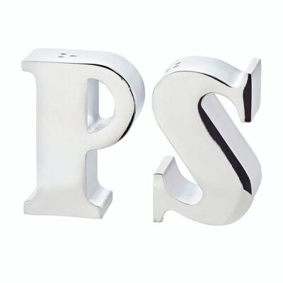 Salero y pimentero Favre, letras P y S, plateado, altura 7 cm