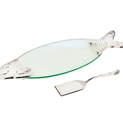 Salmon fish platter, glass, silver-plated elements, with lifter, length 58 cm