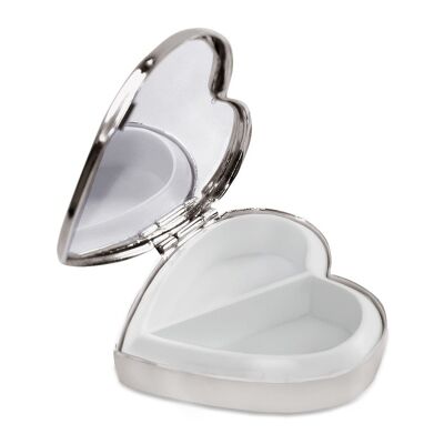 Portapillole cuore con specchio, 2 scomparti, argentato, antiappannamento, 5 x 5 cm