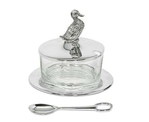 Marmeladenglas Ente mit Untersetzer und Löffel, edel versilbert, anlaufgeschützt, H 12 cm, ø 9 cm