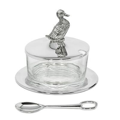 Marmeladenglas Ente mit Untersetzer und Löffel, edel versilbert, anlaufgeschützt, H 12 cm, ø 9 cm