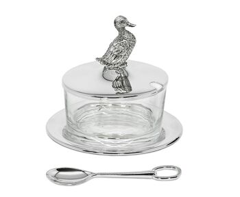 Pot à confiture canard avec soucoupe et cuillère, argenté, résistant au ternissement, H 12 cm, ø 9 cm 1