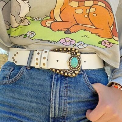 Boho Buckle Belt White Leather