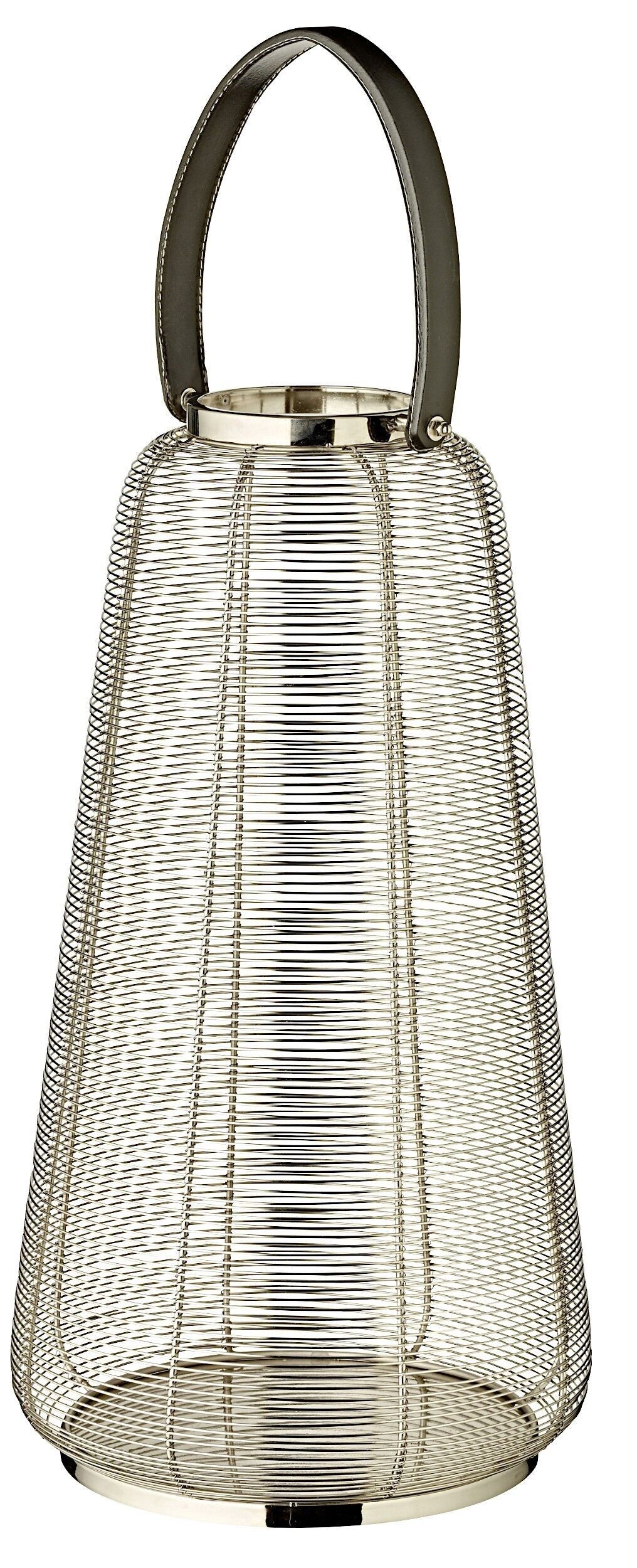 Lantern wind light Big with leather handle, stainless steel shiny nickel-plated, height 58 cm