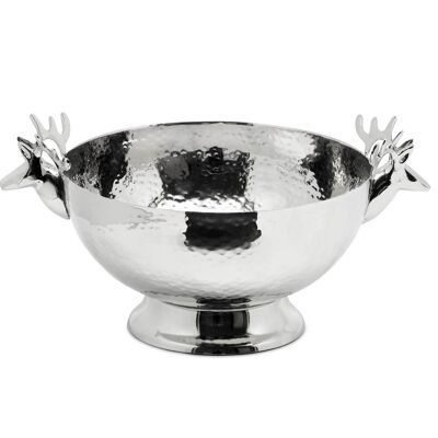 Bowl with reindeer heads, hammered, stainless steel, shiny nickel-plated, length 28 cm