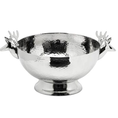 Cuenco con cabezas de reno, martillado, acero inoxidable, niquelado brillante, largo 28 cm
