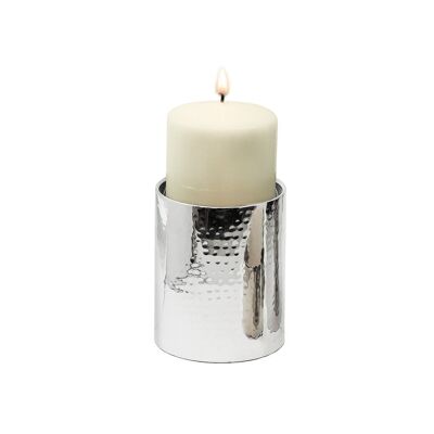 Candeliere York per candela diametro 10 cm, martellato, acciaio inox nichelato lucido, altezza 15 cm