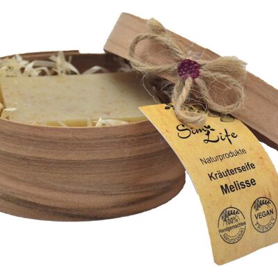 Natural soap with lemon balm in wooden packaging