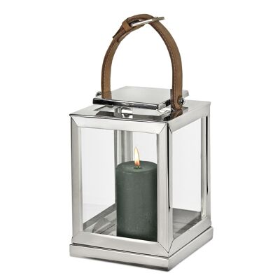 Lanterne coupe-vent Wellington avec poignée en cuir, acier inoxydable nickelé brillant, hauteur sans poignée 25 cm