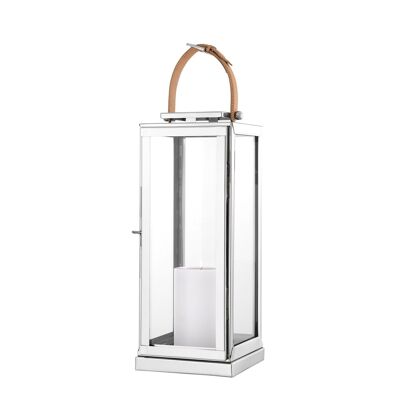 Lanterne coupe-vent Wellington avec poignée en cuir, acier inoxydable nickelé brillant, hauteur sans poignée 45 cm