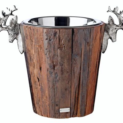 Champagne cooler Milwaukee with 2 deer heads, teak, stainless steel shiny nickel-plated, height 30 cm